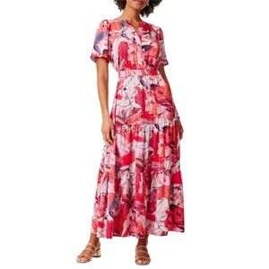 NIC+ZOE Scribble Bouquet Daydream Maxi Dress Pink Multi XXL Short Sleeve Tiered